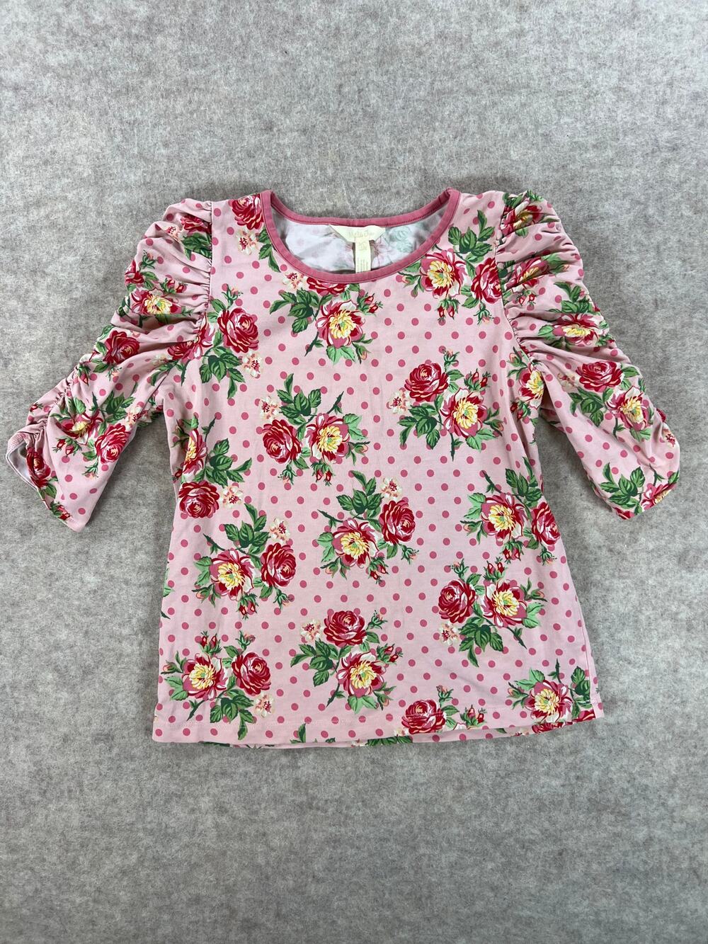 Matilda Jane Think Pink Floral Polka Dot Ruched Sleeve Top Girls Size 12y